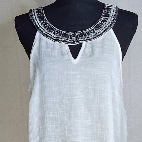 AB Studio White Handkerchief Hem Sleeveless Rayon Poly Gauze Beaded Tank Size XL - Picture 2 of 16